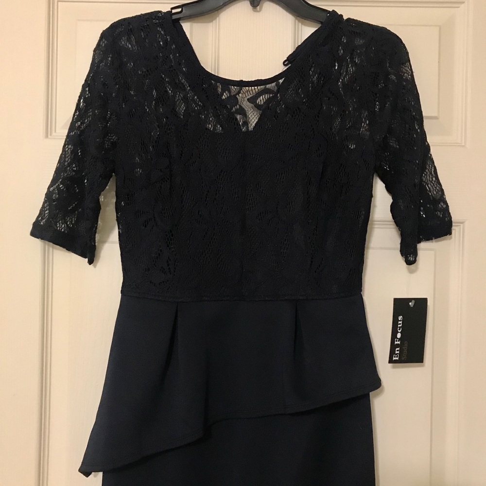 Navy half sleeve long dress with lace